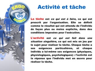 Activité et tâche 
La tâche est ce qui est à faire, ce qui est 
prescrit par l'organisation. Elle se définit 
comme le résultat qui est attendu de l'individu 
de façon plus ou moins explicite, dans des 
conditions imposées pour l'exécution. 
L'activité est ce qui est fait dans une 
situation singulière, ce qui est mis en jeu par 
le sujet pour réaliser la tâche. Chaque tâche a 
ses exigences particulières, et chaque 
individu a lui-même ses exigences (physiques, 
physiologiques, psychologiques) : l'activité est 
la réponse que l'individu met en oeuvre pour 
réaliser la tâche. 
 