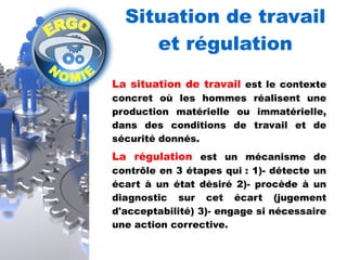 Situation de travail 
et régulation 
La situation de travail est le contexte 
concret où les hommes réalisent une 
production matérielle ou immatérielle, 
dans des conditions de travail et de 
sécurité donnés. 
La régulation est un mécanisme de 
contrôle en 3 étapes qui : 1)- détecte un 
écart à un état désiré 2)- procède à un 
diagnostic sur cet écart (jugement 
d'acceptabilité) 3)- engage si nécessaire 
une action corrective. 
 