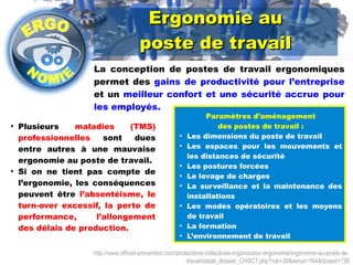 EErrggoonnoommiiee aauu 
ppoossttee ddee ttrraavvaaiill 
La conception de postes de travail ergonomiques 
permet des gains de productivité pour l’entreprise 
et un meilleur confort et une sécurité accrue pour 
les employés. 
http://www.officiel-prevention.com/protections-collectives-organisation-ergonomie/ergonomie-au-poste-de-travail/ 
detail_dossier_CHSCT.php?rub=38&ssrub=164&dossid=126 
● Plusieurs maladies (TMS) 
professionnelles sont dues 
entre autres à une mauvaise 
ergonomie au poste de travail. 
● Si on ne tient pas compte de 
l’ergonomie, les conséquences 
peuvent être l’absentéisme, le 
turn-over excessif, la perte de 
performance, l’allongement 
des délais de production. 
Paramètres d’aménagement 
des postes de travail : 
● Les dimensions du poste de travail 
● Les espaces pour les mouvements et 
les distances de sécurité 
● Les postures forcées 
● Le levage de charges 
● La surveillance et la maintenance des 
installations 
● Les modes opératoires et les moyens 
de travail 
● La formation 
● L’environnement de travail 
 