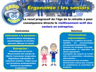 Ergonomie :: lleess sseenniioorrss 
Le recul progressif de l'âge de la retraite a pour 
conséquence directe le vieillissement actif des 
seniors en entreprise. 
Contraintes Solutions 
Inhérentes à la personne : 
transformations biologiques, 
psychologiques et sociales 
pouvant affecter le travail 
Entreprise : 
Intensification du travail - 
Resserrement des marges de 
liberté- Contraintes temporelles- 
Régulations individuelles et 
collectives limitées - Faible accès 
aux formations professionnelles 
limitant les possibilités 
d'adaptation. 
Préconisations 
ergonomiques : 
● Analyser les conditions de travail 
● Identifier les caractéristiques 
physiquement pénalisantes 
● Favoriser les stratégies d'entraide 
● Réorganisation et répartition de 
tâches appropriées 
● Conception des moyens de travail : 
aide à la manutention, redondance, 
aide-mémoire... 
● Reclassement avec formation 
● Détachement tutorat pour transfert 
de compétences et savoir-faire de 
prudence. 
 