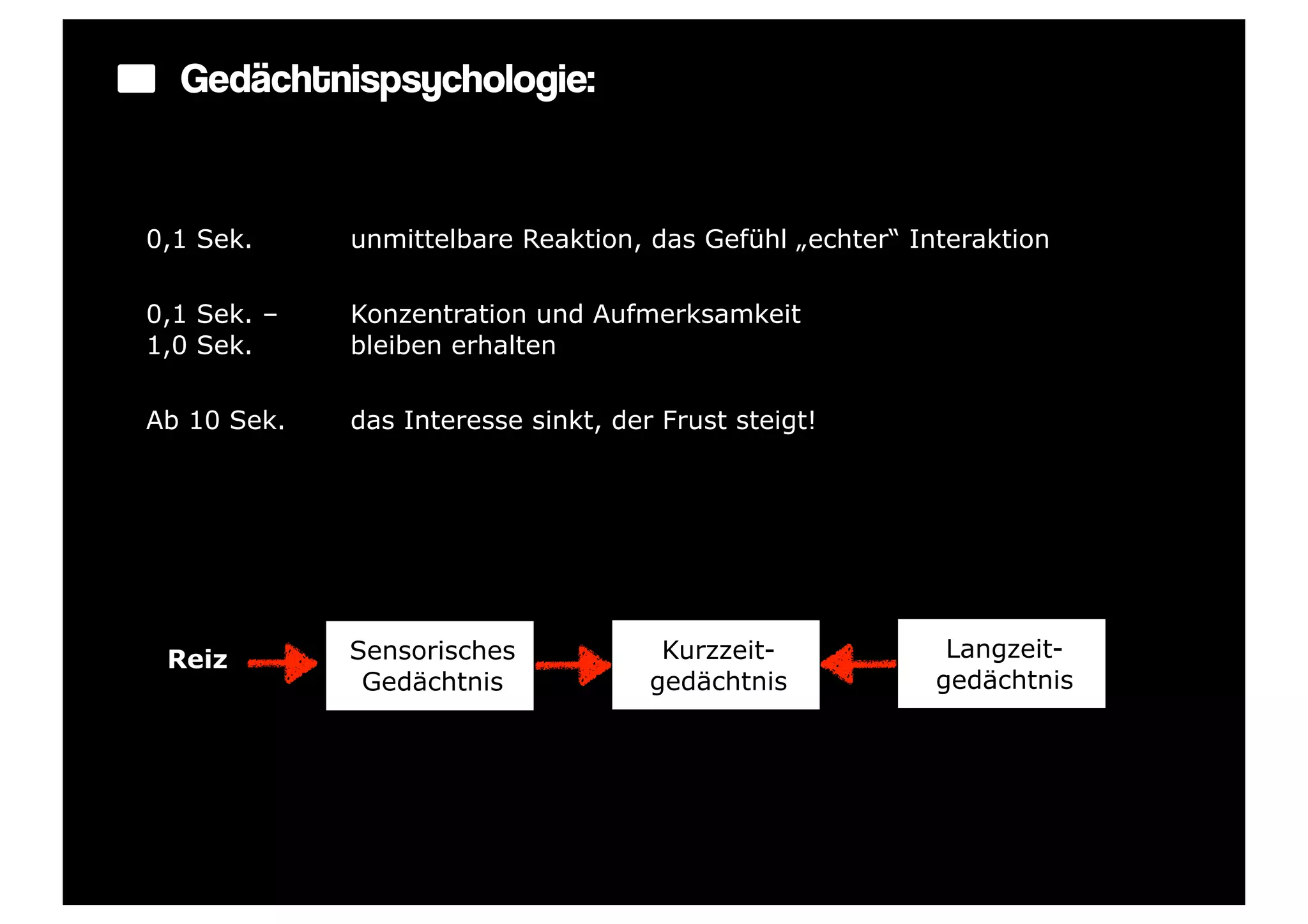 Gedächtnispsychologie:


§ 0,1 Sek.     unmittelbare Reaktion, das Gefühl „echter“ Interaktion

§ 0,1 Sek. –   Konzentration und Aufmerksamkeit
   1,0 Sek.     bleiben erhalten

§ Ab 10 Sek.   das Interesse sinkt, der Frust steigt!




    Reiz        Sensorisches             Kurzzeit-            Langzeit-
                 Gedächtnis             gedächtnis           gedächtnis
 
