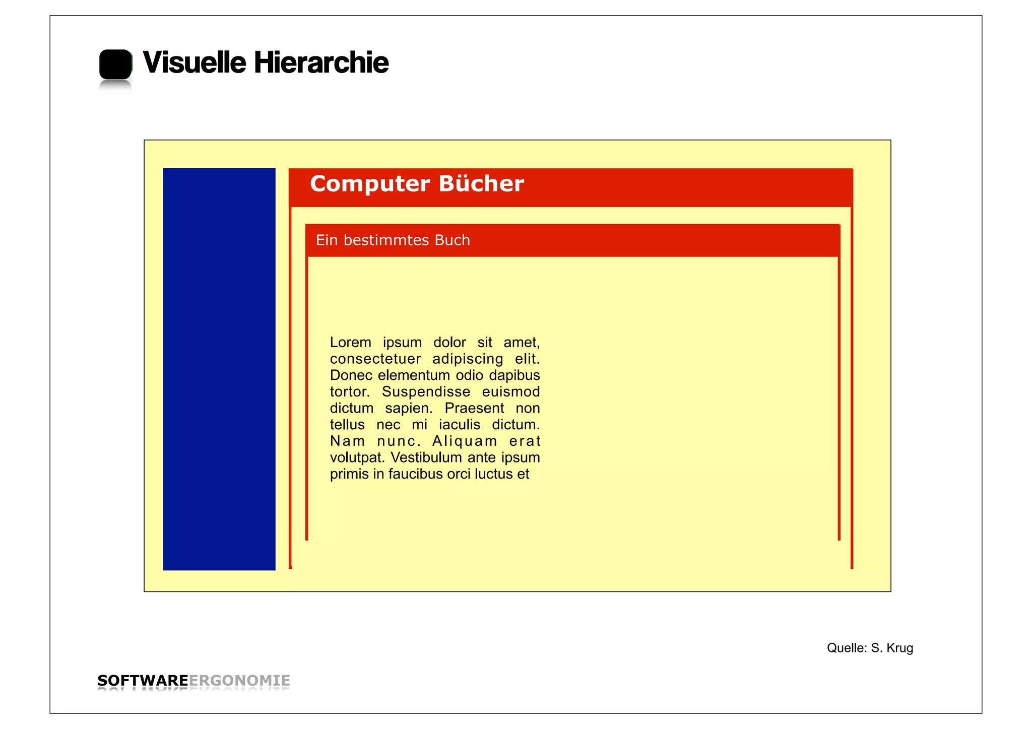 Visuelle Hierarchie


                    Computer Bücher

                    Ein bestimmtes Buch




                     Lorem ipsum dolor sit amet,
                     consectetuer adipiscing elit.
                     Donec elementum odio dapibus
                     tortor. Suspendisse euismod
                     dictum sapien. Praesent non
                     tellus nec mi iaculis dictum.
                     Nam nunc. Aliquam erat
                     volutpat. Vestibulum ante ipsum
                     primis in faucibus orci luctus et




                                                         Quelle: S. Krug

SOFTWAREERGONOMIE                                                          Folie:
 