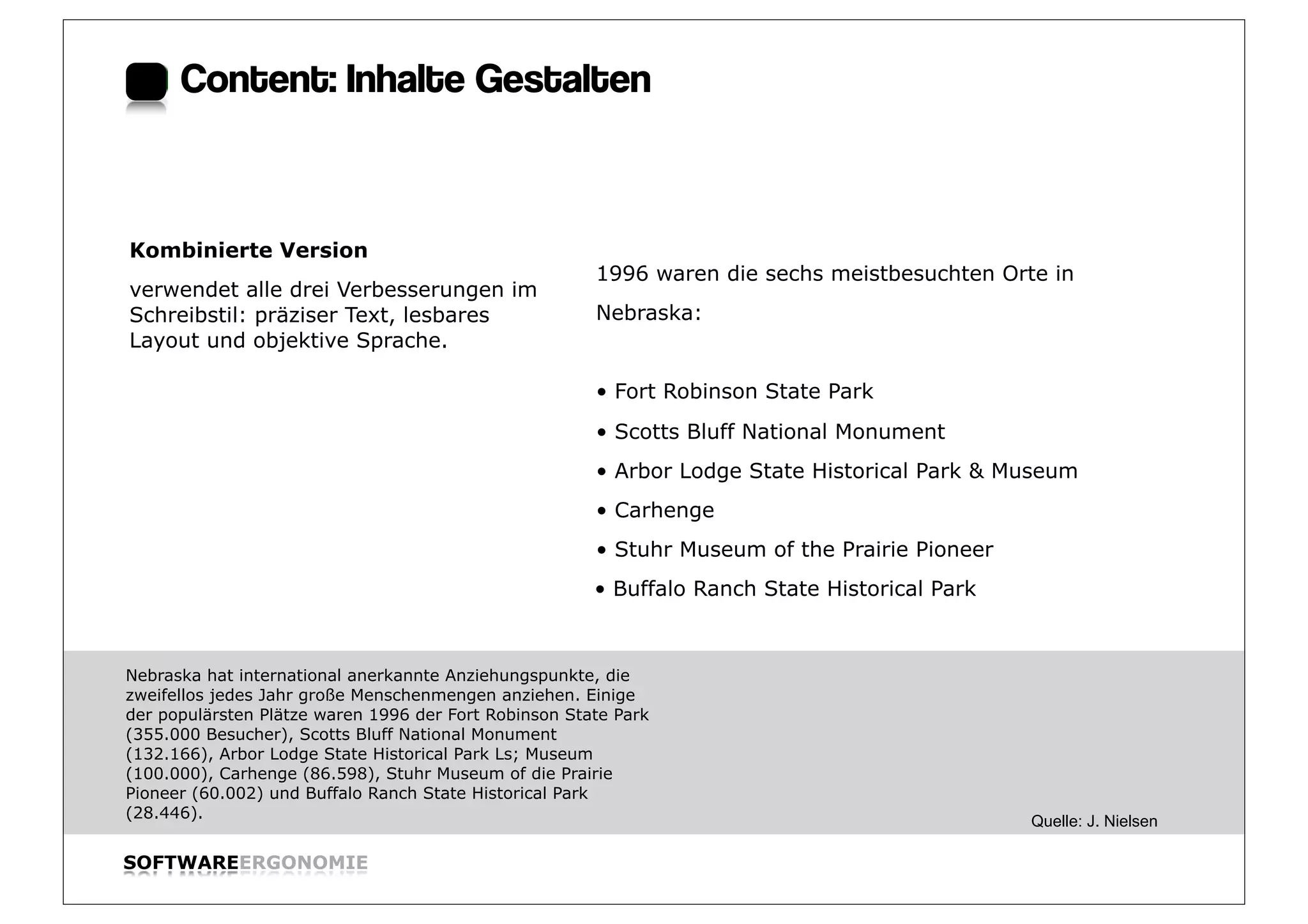 Content: Inhalte Gestalten:


Kombinierte Version
                                                       1996 waren die sechs meistbesuchten Orte in
verwendet alle drei Verbesserungen im
Schreibstil: präziser Text, lesbares                   Nebraska:
Layout und objektive Sprache.

                                                       • Fort Robinson State Park
                                                       • Scotts Bluff National Monument
                                                       • Arbor Lodge State Historical Park & Museum
                                                       • Carhenge
                                                       • Stuhr Museum of the Prairie Pioneer
                                                       • Buffalo Ranch State Historical Park



Nebraska hat international anerkannte Anziehungspunkte, die
zweifellos jedes Jahr große Menschenmengen anziehen. Einige
der populärsten Plätze waren 1996 der Fort Robinson State Park
(355.000 Besucher), Scotts Bluff National Monument
(132.166), Arbor Lodge State Historical Park Ls; Museum
(100.000), Carhenge (86.598), Stuhr Museum of die Prairie
Pioneer (60.002) und Buffalo Ranch State Historical Park
(28.446).
                                                                                               Quelle: J. Nielsen

SOFTWAREERGONOMIE                                                                                                   Folie:
 