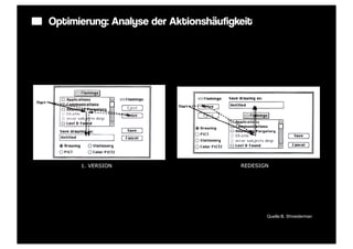 Optimierung: Analyse der Aktionshäufigkeit




      1. VERSION                       REDESIGN




                                              Quelle:B. Shneiderman
 