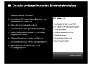 Die acht goldenen Regeln des Schnittstellendesigns


1. Streben Sie nach Konsistenz
                                                    ISO 9241-110
2. Ermöglichen Sie regelmäßigen Benutzern die
   Verwendung von Shortcuts
                                                    1. Aufgabenangemessenheit
3. Bieten Sie informatives Feedback
                                                    2. Selbstbeschreibungsfähigkeit
4. Entwerfen Sie in sich geschlossene Dialoge
                                                    3. Steuerbarkeit
5. Bieten Sie Fehlervermeidung und einfaches        4. Erwartungskonformität
   umgehen mit Fehlern                              5. Fehlertoleranz
6. Erlauben Sie leichte Umkehr von Aktionen         6. Individualisierbarkeit
                                                    7. Lernförderlichkeit
7. Unterstützen Sie das interne Kontrollbedürfnis

8. Reduzieren Sie die Belastung für das
   Kurzzeitgedächtnis



                                                                            Quelle:B. Shneiderman
 