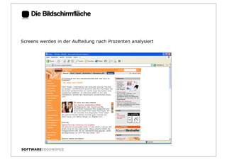 Die Bildschirmfläche:


Screens werden in der Aufteilung nach Prozenten analysiert




SOFTWAREERGONOMIE                                            Folie:
 