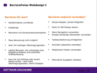 Folie: 18
Barrieren wodurch vermeiden?
 Screen-Reader, Screen-Magnifier
 Seite im SW-Design planen
 Klare Navigation verwenden
 Einsatz blinkender Elementen vermeiden
 Tastaturbedienung ermöglichen
 Schnelle Ladezeiten anstreben
 Websichere Farben verwenden
 Alternative Ausgaben anbieten
Barrierefreies Webdesign I:
Barrieren für wen?
 Sehbehinderte und Blinde
 Farbblinde
 Menschen mit Konzentrationsschwäche
 Maus Benutzung nicht möglich
 User mit niedrigen Übertragungsraten
 Laptop Benutzer, die unterwegs sind,
langsame Modems und schlechte
Grafikauflösung
 User die mit Palmtop oder einem
Handy surfen - sehr hohe
Übertragungskosten, kleine Displays
 