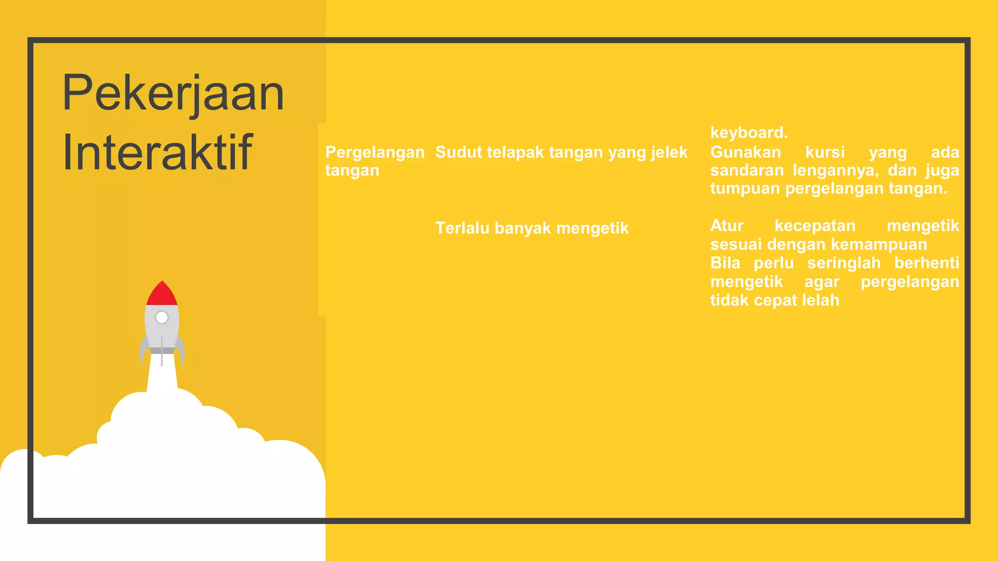 Pekerjaan
Interaktif
    keyboard.
Pergelangan 
tangan
Sudut telapak tangan yang jelek
 
 
 
 
Terlalu banyak mengetik
Gunakan    kursi    yang    ada 
sandaran  lengannya,  dan  juga 
tumpuan pergelangan tangan.
 
Atur  kecepatan  mengetik 
sesuai dengan kemampuan
Bila  perlu  seringlah  berhenti 
mengetik  agar  pergelangan 
tidak cepat lelah
 