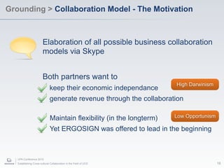 Grounding > Collaboration Model - The Motivation



                        Elaboration of all possible business collaboration
                        models via Skype


                        Both partners want to
                                                                       High Darwinism
                              keep their economic independance
                              generate revenue through the collaboration

                              Maintain flexibility (in the longterm)   Low Opportunism

                              Yet ERGOSIGN was offered to lead in the beginning



   UPA Conference 2010
   Establishing Cross-cultural Collaboration in the Field of UCD                         16
 
