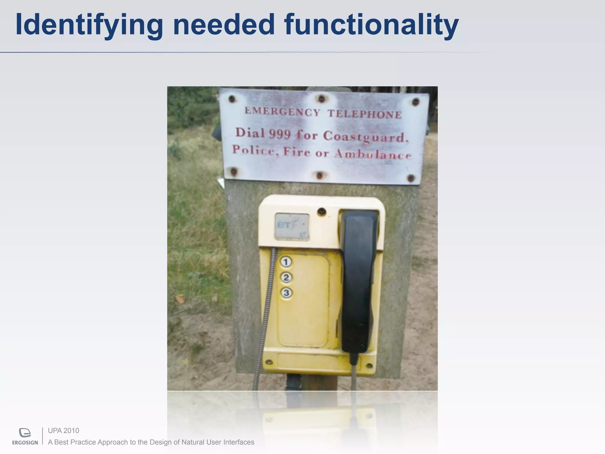 Identifying needed functionality




  UPA 2010
  A Best Practice Approach to the Design of Natural User Interfaces
 