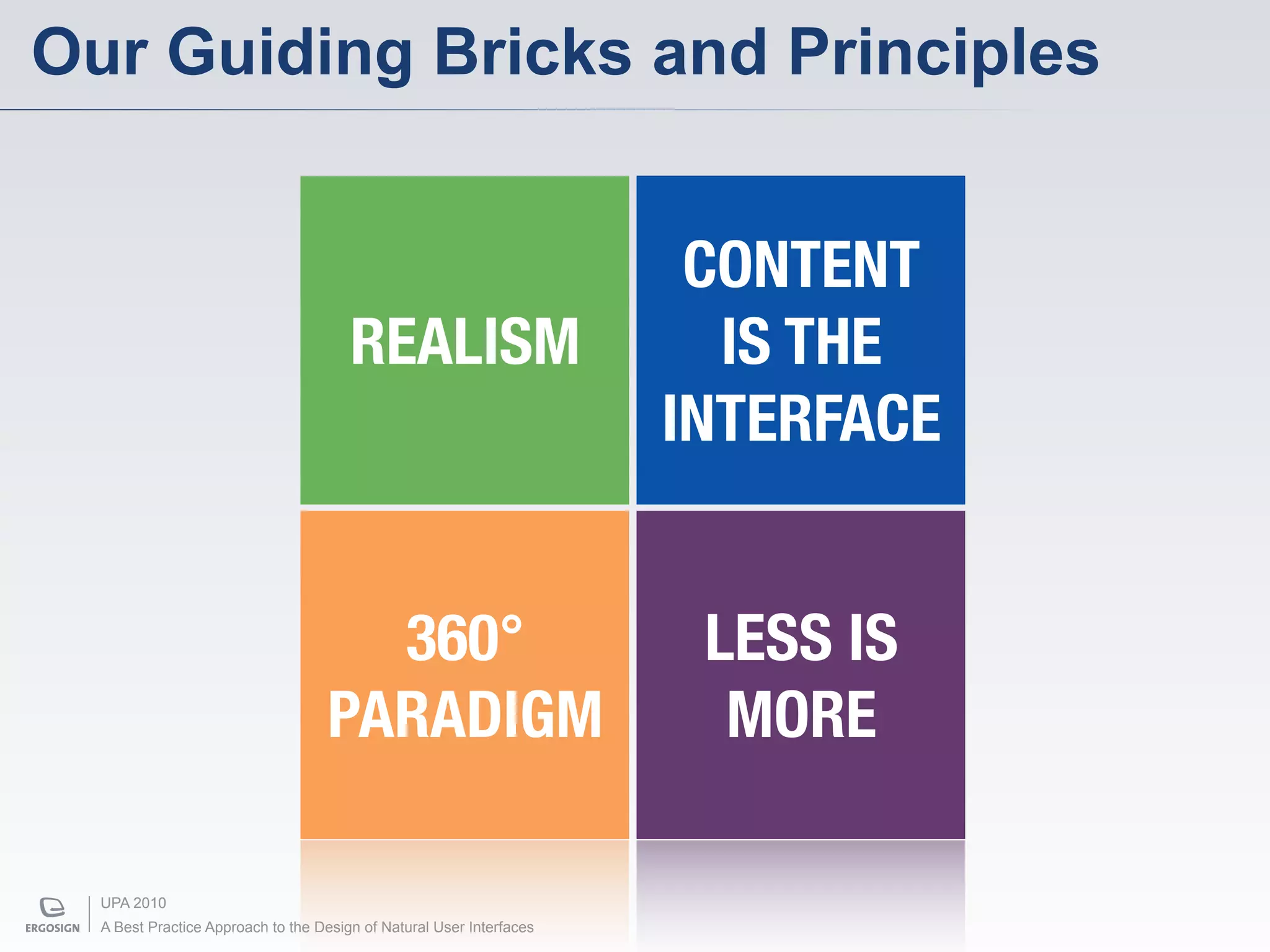 Our Guiding Bricks and Principles


                                                                       CONTENT
                                       REALISM                          IS THE
                                                                      INTERFACE


                                     360°                              LESS IS
                                   PARADIGM                             MORE

  UPA 2010
  A Best Practice Approach to the Design of Natural User Interfaces
 
