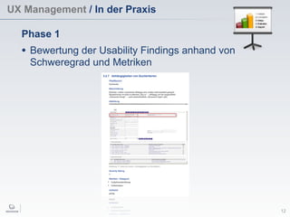 UX Management / In der Praxis
12
Phase 1
• Bewertung der Usability Findings anhand von
Schweregrad und Metriken
 