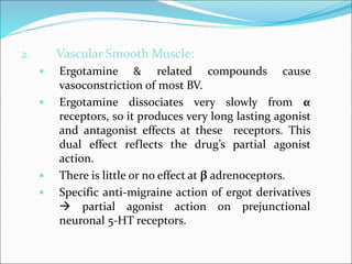 2. Vascular Smooth Muscle:
 Ergotamine & related compounds cause
vasoconstriction of most BV.
 Ergotamine dissociates very slowly from α
receptors, so it produces very long lasting agonist
and antagonist effects at these receptors. This
dual effect reflects the drug’s partial agonist
action.
 There is little or no effect at β adrenoceptors.
 Specific anti-migraine action of ergot derivatives
 partial agonist action on prejunctional
neuronal 5-HT receptors.
 