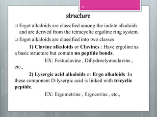 structure
 Ergot alkaloids are classified among the indole alkaloids
and are derived from the tetracyclic ergoline ring system.
 Ergot alkaloids are classified into two classes
1) Clavine alkaloids or Clavines : Have ergoline as
a basic structure but contain no peptide bonds.
EX: Festuclavine , Dihydroelymoclavine ,
etc.,
2) Lysergic acid alkaloids or Ergo alkaloids :In
these component D-lysergic acid is linked with tricyclic
peptide.
EX: Ergometrine , Ergocorine , etc.,
11
 