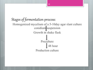 Stages of fermentation process:
Homogenized mycelium of a 5-10day agar slant culture
conidium suspension
Growth in shake flask
Preculture
48 hour
Production culture
26
 