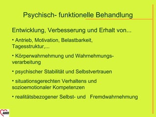 Psychisch- funktionelle Behandlung

Entwicklung, Verbesserung und Erhalt von...
• Antrieb, Motivation, Belastbarkeit,
Tagesstruktur,...
• Körperwahrnehmung und Wahrnehmungs-
verarbeitung
• psychischer Stabilität und Selbstvertrauen
• situationsgerechten Verhaltens und
sozioemotionaler Kompetenzen
• realitätsbezogener Selbst- und Fremdwahrnehmung
 