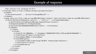 Example of response
<?xml version="1.0" encoding="utf-8"?>
<s:Envelope xmlns:s="http://schemas.xmlsoap.org/soap/envelope/">
<s:Header>
<h:ServerVersionInfo ... Version="Exchange2010_SP2" />
</s:Header>
<s:Body xmlns:xsi="http://www.w3.org/2001/XMLSchema-instance" xmlns:xsd="http://www.w3.org/2001/XMLSchema">
<m:SyncFolderHierarchyResponse xmlns:m="..." xmlns:t="..."><m:ResponseMessages>
<m:SyncFolderHierarchyResponseMessage ResponseClass="Success">
<m:ResponseCode>NoError</m:ResponseCode>
<m:SyncState>H4sIAAAAAAAEAO29B2AcSZYlJi9tynt...</m:SyncState>
<m:Changes>
<t:Create>
<t:Folder>
<t:FolderId Id="AAMkAGEw...=" ChangeKey="AQAAABYAAACT3PaCL/2ASLnqcq9Sv0/DAAAAp5Bv"/>
<t:FolderClass>IPF.Note</t:FolderClass>
<t:DisplayName>INBOX</t:DisplayName>
<t:ExtendedProperty>
<t:ExtendedFieldURI PropertyTag="0x10f4" PropertyType="Boolean"/>
<t:Value>false</t:Value>
</t:ExtendedProperty>
</t:Folder>
</t:Create>
</m:Changes>
...
 