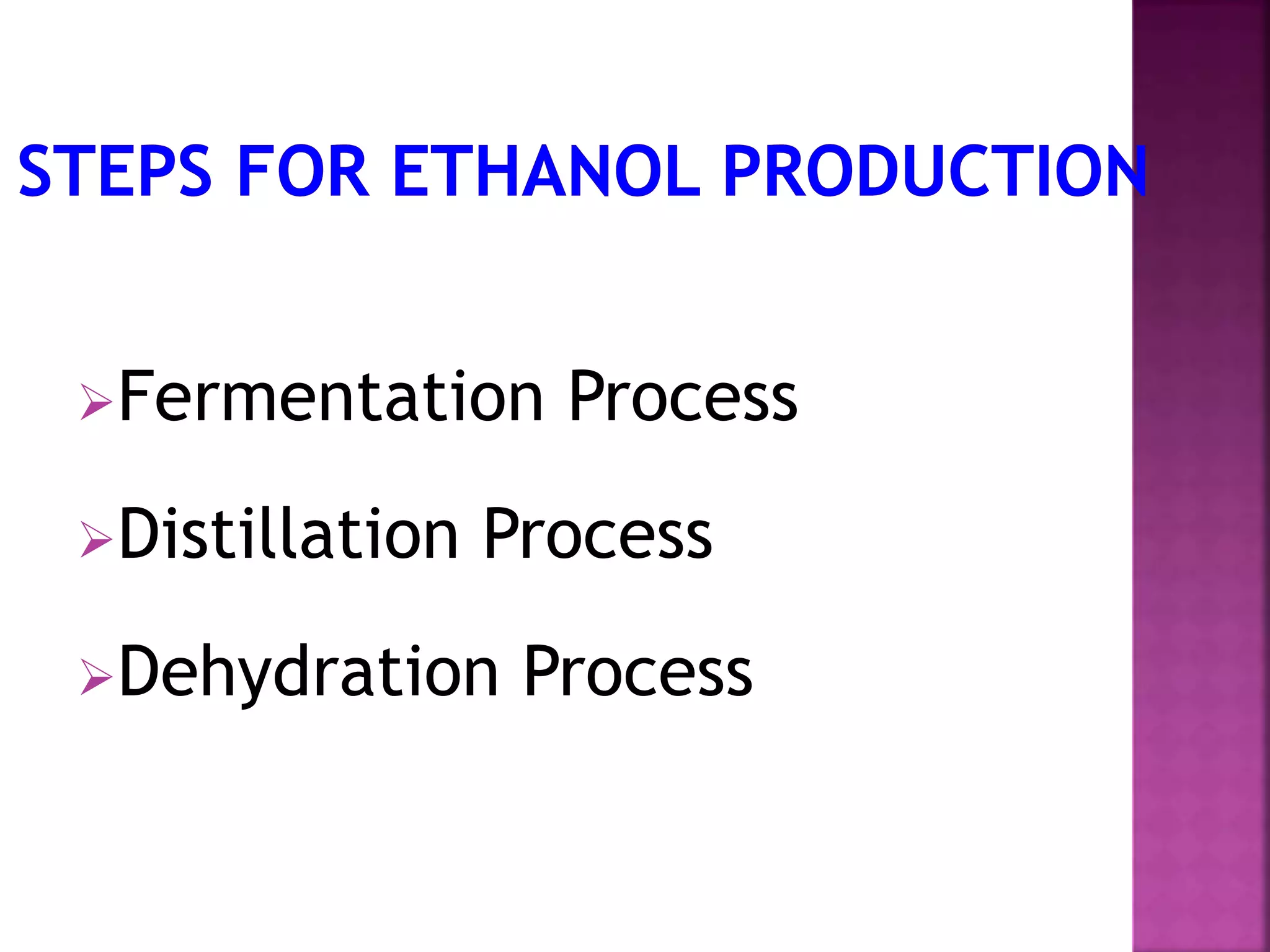 Fermentation Process
Distillation Process
Dehydration Process
 