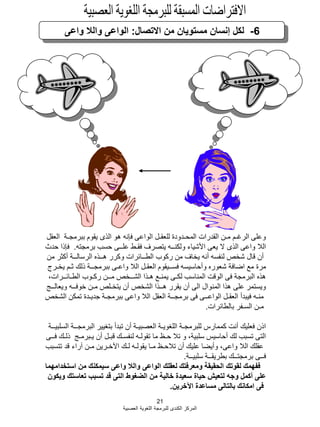 21
‫العصبية‬ ‫اللؽوية‬ ‫للبرمجة‬ ‫الكندى‬ ‫المركز‬
6-‫االتصال‬ ‫من‬ ‫مستويان‬ ‫إنسان‬ ‫لكل‬:‫واعى‬ ‫والبل‬ ‫الواعى‬
‫العقل‬ ‫ببرمجـة‬ ‫يقوم‬ ‫الذى‬ ‫هو‬ ‫فإنه‬ ‫الواعى‬ ‫للعقـل‬ ‫المحـدودة‬ ‫القدرات‬ ‫مـن‬ ‫الرؼـم‬ ‫وعلى‬
‫برمجته‬ ‫حسب‬ ‫علــى‬ ‫فقـط‬ ‫يتصرؾ‬ ‫ولكنــه‬ ‫األشياء‬ ‫يعى‬ ‫ال‬ ‫الذى‬ ‫واعى‬ ‫البل‬.‫حدث‬ ‫فإذا‬
‫من‬ ‫أكثر‬ ‫الرسالــة‬ ‫هــذه‬ ‫وكرر‬ ‫الطــابرات‬ ‫ركوب‬ ‫من‬ ‫يخاؾ‬ ‫أنه‬ ‫لنفسه‬ ‫شخص‬ ‫قال‬ ‫أن‬
‫يخـرج‬ ‫ثـم‬ ‫ذلك‬ ‫ببرمجــة‬ ‫واعـى‬ ‫البل‬ ‫العقـل‬ ‫فســيقوم‬ ‫وأحاسيسه‬ ‫شعوره‬ ‫اضافة‬ ‫مع‬ ‫مرة‬
،‫الطـابــرات‬ ‫ركـوب‬ ‫مــن‬ ‫الشــخص‬ ‫هـذا‬ ‫يمنـع‬ ‫لكـى‬ ‫المناسب‬ ‫الوقت‬ ‫فى‬ ‫البرمجة‬ ‫هذه‬
‫ويعالــج‬ ‫خوفــه‬ ‫مـن‬ ‫يتخـلص‬ ‫أن‬ ‫الشخص‬ ‫هــذا‬ ‫يقرر‬ ‫أن‬ ‫الى‬ ‫المنوال‬ ‫هذا‬ ‫على‬ ‫ويستمر‬
‫الشخص‬ ‫تمكن‬ ‫جديـدة‬ ‫ببرمجـة‬ ‫واعى‬ ‫البل‬ ‫العقل‬ ‫برمجــة‬ ‫فى‬ ‫الواعــى‬ ‫العقـل‬ ‫فيبدأ‬ ‫منـه‬
‫بالطابرات‬ ‫السـفر‬ ‫مـن‬.
‫السلبيــة‬ ‫البرمجــة‬ ‫بتؽيير‬ ‫تبدأ‬ ‫أن‬ ‫العصبيـة‬ ‫اللؽويـة‬ ‫للبرمجـة‬ ‫كممارس‬ ‫أنت‬ ‫فعليك‬ ‫اذن‬
‫فــى‬ ‫ذلـك‬ ‫يـبرمـج‬ ‫أن‬ ‫قبـل‬ ‫لنفسـك‬ ‫تقولـه‬ ‫ما‬ ‫حـظ‬ ‫تبل‬ ‫و‬ ،‫سلبية‬ ‫أحاسيس‬ ‫لك‬ ‫تسبب‬ ‫التى‬
‫تتسبب‬ ‫قد‬ ‫آراء‬ ‫مـن‬ ‫اآلخـرين‬ ‫لـك‬ ‫يقولـه‬ ‫مـا‬ ‫تبلحـظ‬ ‫أن‬ ‫عليك‬ ‫وأيضا‬ ،‫واعى‬ ‫البل‬ ‫عقلك‬
‫سلبيــة‬ ‫بطريقــة‬ ‫برمجتــك‬ ‫فــى‬.
‫استخدامهما‬ ‫من‬ ‫سيمكنك‬ ‫واعى‬ ‫والبل‬ ‫الواعى‬ ‫لعقلك‬ ‫ومعرفتك‬ ‫الحقيقة‬ ‫لقوتك‬ ‫ففهمك‬
‫ويكون‬ ‫تعاستك‬ ‫تسبب‬ ‫قد‬ ‫التى‬ ‫الضغوط‬ ‫من‬ ‫خالية‬ ‫سعيدة‬ ‫حياة‬ ‫لتعيش‬ ‫وجه‬ ‫أكمل‬ ‫على‬
‫اآلخرين‬ ‫مساعدة‬ ‫بالتالى‬ ‫امكانك‬ ‫فى‬.
 