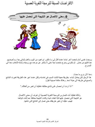 26
‫العصبية‬ ‫اللؽوية‬ ‫للبرمجة‬ ‫الكندى‬ ‫المركز‬
9-‫عليها‬ ‫تحصل‬ ‫التى‬ ‫النتيجة‬ ‫هو‬ ‫االتصال‬ ‫معنى‬
‫لى‬ ‫قال‬ ‫عندما‬ ‫تماما‬ ‫آخر‬ ‫شخصا‬ ‫أمام‬ ‫نفسى‬ ‫ووجدت‬:‫وسؤعوضهم‬ ‫جدا‬ ‫بؤبنابى‬ ‫سؤهتم‬ ‫اليوم‬ ‫من‬ ،‫ابراهيم‬ ‫دكتور‬ ‫يا‬
‫حنان‬ ‫من‬ ‫فاتهم‬ ‫عما‬.‫الى‬ ‫معا‬ ‫للذهاب‬ ‫وأبنابه‬ ‫زوجته‬ ‫مع‬ ‫موعده‬ ‫عن‬ ‫يتؤخر‬ ‫ال‬ ‫حتى‬ ‫جدا‬ ‫متحمسا‬ ‫وخرج‬ ‫شكرنى‬ ‫ثم‬
‫المسرح‬.
‫حدث‬ ‫ما‬ ‫نرى‬ ‫اآلن‬ ‫دعنا‬:
‫النتابج‬ ‫تؽيرت‬ ‫الطريقة‬ ‫هذه‬ ‫ؼير‬ ‫عندما‬ ‫ولكن‬ ‫تعاسته‬ ‫فى‬ ‫السبب‬ ‫كانت‬ ‫معينة‬ ‫بطريقة‬ ‫أبناءه‬ ‫يعامل‬ ‫كان‬ ‫الرجل‬ ‫هذا‬
‫أسعد‬ ‫حياة‬ ‫الى‬ ‫طريقه‬ ‫فى‬ ‫وأصبح‬.‫تقول‬ ‫صينية‬ ‫حكمة‬ ‫وهناك‬:
“‫أفعالك‬ ‫من‬ ‫تؽير‬ ‫أن‬ ‫فعليك‬ ،‫مختلفة‬ ‫نتابج‬ ‫على‬ ‫تحصل‬ ‫أن‬ ‫أردت‬ ‫اذا‬.“
‫االتصال‬ ‫معنى‬ ‫أن‬ ‫تعرؾ‬ ‫أن‬ ‫العصبية‬ ‫اللؽوية‬ ‫للبرمجة‬ ‫كممارس‬ ‫أنت‬ ‫فعليك‬ ‫ولذلك‬
‫تتوقعه‬ ‫كنت‬ ‫عما‬ ‫مختلفة‬ ‫النتيجة‬ ‫وكانت‬ ‫شيبا‬ ‫فعلت‬ ‫فإذا‬ ‫عليها‬ ‫تحصل‬ ‫التى‬ ‫النتيجة‬ ‫هو‬
‫تؤملها‬ ‫التى‬ ‫النتابج‬ ‫إلى‬ ‫تصل‬ ‫حتى‬ ‫طريقتك‬ ‫تؽير‬ ‫أن‬ ‫عليك‬ ‫فيجب‬.
 