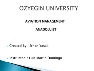 AVIATION MANAGEMENT
ANADOLUJET
 Created By : Erhan Yasak
 Instructor : Luis Martin Domingo
 