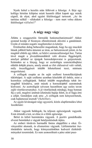 Nyolc héttel a kezelés után felhívott a felesége. A férje egy
kolléga hirtelen kilépése miatt hasonló állást kapott egy másik
cégnél, de olyat, ahol egyéni felelősséggel tartozott. „Az ön
tanítása nélkül - vélekedett a felesége - nem mert volna ekkora
felelősséget vá l lalni !"


                      A négy nagy vágy
Átlátta a szuggesztiós formulák hatásmechanizmusát? Akkor
azonnal kezdje el bizonyos ellenőrzésnek alávetni a gondolatait.
Űzzön el minden negatív megfontolást és kételyt.
   Értelmetlen dolog bebeszélni magunknak, hogy ha egy macskát
látunk jobbról balra átmenni az úton, az balszerencsét jelent, és ha
magától eltörik egy tükör, az hétévi szerencsétlenséget hoz. Tartsa
távol magát a jövendőmondóktól való divatos függőségtől,
amelyet például az újságok horoszkóprovatai is gerjesztenek.
Számukra az a lényeg, hogy az asztrológia szenzációhajhász
oldalát dobják piacra, amely annak az élet ciklusaival való valódi,
mély összefüggéseit inkább hihetetlenné teszi, mintsem
megerősítené.
   A csillagok csupán az ön saját szellemi konstellációjának
tükörképei. A saját szelleme azonban közelebb áll önhöz, mint a
kozmikus csillagképek. Sokkal inkább megtudhatja tehát ön-
magából kiindulva, amit mások a horoszkópból szeretnének
kiolvasni. Az asztrológiát szívesen hasonlítom egy szeles tavon
zajló vitorlásversenyhez. A jó vitorlázónak mindegy, hogy honnan
fúj a szél, megőrzi uralmát (életének) hajója felett, és el fogja érni
a célját. Gondoljon csak arra: „A csillagok nem kényszerítenek,
csak hajlamossá tesznek" (Schiller).
   Az egyén kívánságait négy egyszerű, közös alapformulára lehet
leszűkíteni:

   Akkor vagyunk boldogok, ha teljesen egészségesek vagyunk.
Ezen értendő a test, az elme és a lélek egészsége.
   Belső és külső harmóniára vágyunk. A pozitív gondolkodás
elvezet bennünket e vágyak beteljesítésének útjára.
   Az emberi törekvés harmadik fontos alappillére a siker. Ér-
vényesülni akarunk, és elismerésre vágyunk. Létfenntartási ösz-
tönünkhöz tartozik, hogy környezetünkben kedvező életkörül-
ményeket teremtsünk. Ez nem azonosítható a pénz utáni pusz-

50
 