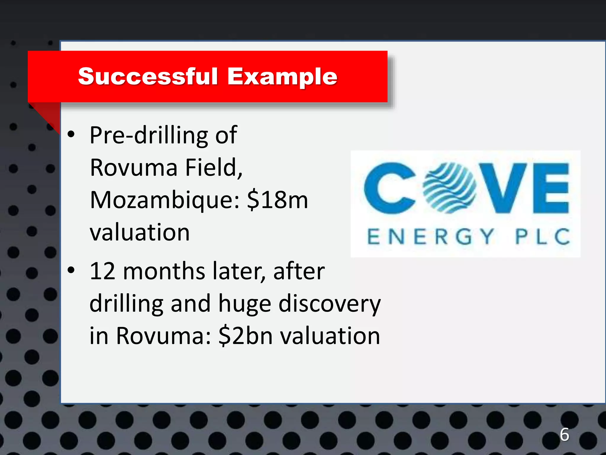 Successful Example
• Pre-drilling of
Rovuma Field,
Mozambique: $18m
valuation
• 12 months later, after
drilling and huge discovery
in Rovuma: $2bn valuation
6
 