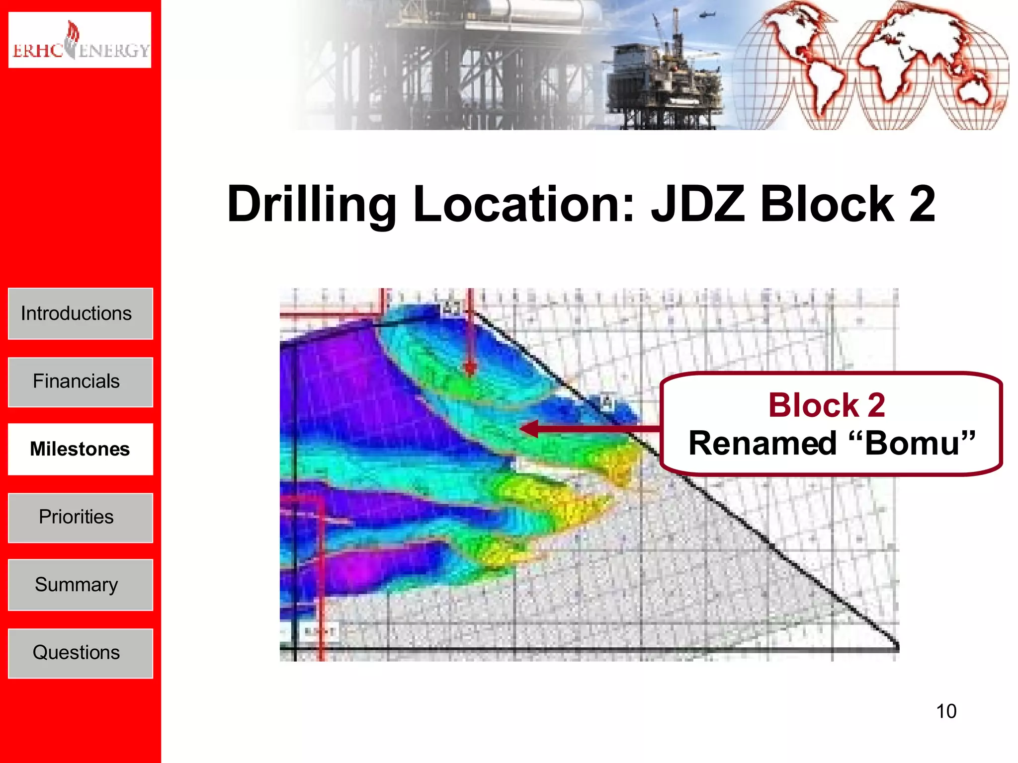 Drilling Location: JDZ Block 2 Block 2  Renamed “Bomu” Introductions Financials Milestones Priorities Summary Questions 