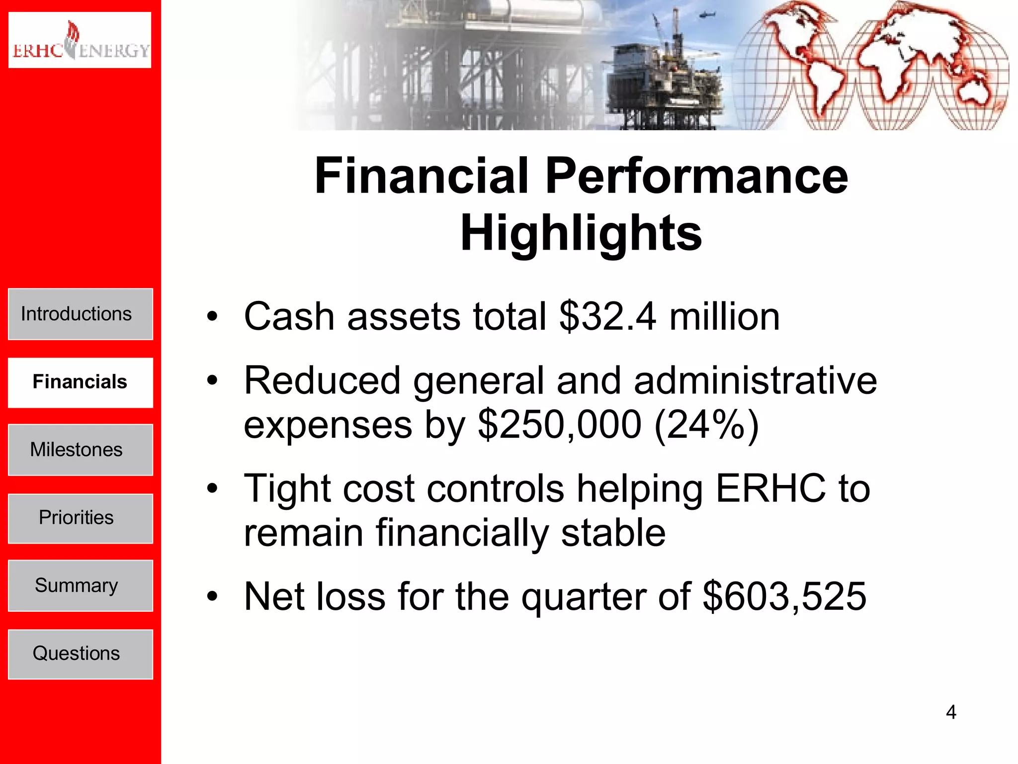 Financial Performance Highlights Cash assets total $32.4 million Reduced general and administrative expenses by $250,000 (24%) Tight cost controls helping ERHC to remain financially stable Net loss for the quarter of $603,525 Introductions Financials Milestones Priorities Summary Questions 