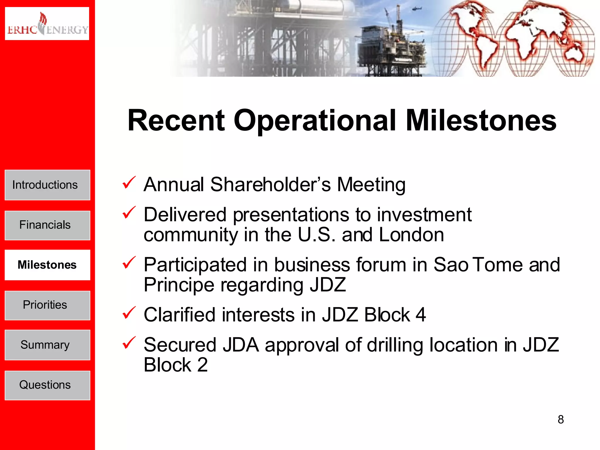 Recent Operational Milestones Annual Shareholder’s Meeting Delivered presentations to investment community in the U.S. and London Participated in business forum in Sao Tome and Principe regarding JDZ Clarified interests in JDZ Block 4 Secured JDA approval of drilling location in JDZ Block 2 Introductions Financials Milestones Priorities Summary Questions 