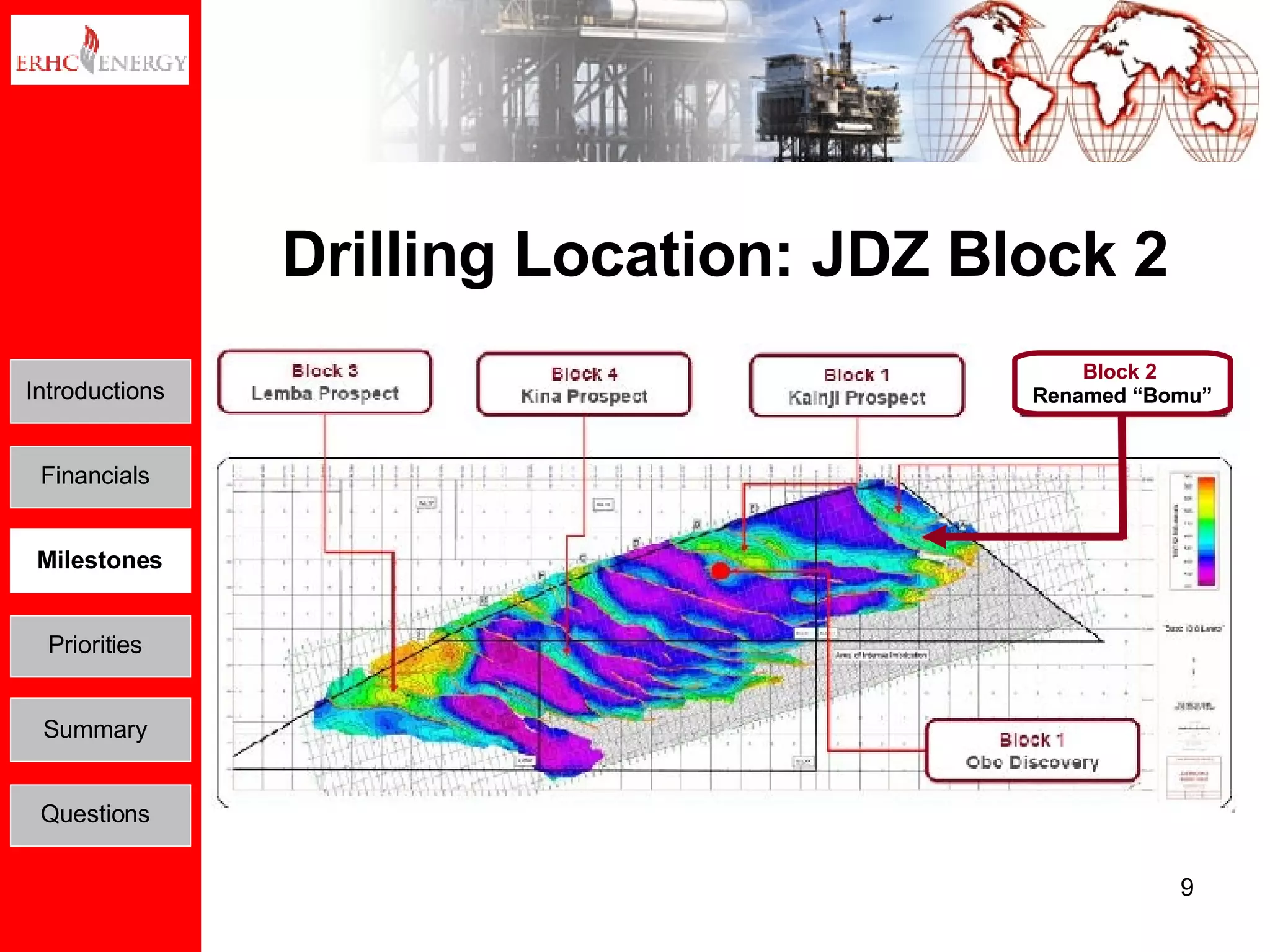 Drilling Location: JDZ Block 2 Block 2  Renamed “Bomu” Introductions Financials Milestones Priorities Summary Questions 