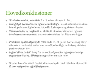 Hovedkonklusioner
• Stort økonomisk potentiale for cirkulær økonomi i DK
• Mangel på kompetencer og vanetænkning er mest udbredte barrierer
blandt policy-mulighederne både ift. forbrugere og virksomheder.
• Virksomheder er nøglen til et skifte til cirkulær økonomi og skal
involveres sammen med andre stakeholders i at finde løsninger
• Politikere spiller afgørende rolle både ift. at fjerne barrierer og aktivt
stimulere markedet ved at sætte mål, offentlige indkøb og etablere
partnerskaber mv.
• Ingen ‘silver bullet’, brug for en sector-by-sector og regulation-by-
regulation tilgang. EU-regulering spiller en stor rolle.
• Studiet har stor værdi for det videre arbejde med cirkulær økonomi i
Erhvervsstyrelsen og Miljøstyrelsen.
 
