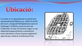 La ciutat es va alçardamunt un petit turó
anomenatmontTàber(15 m. sobre el nivell
del mar), enmig del fèrtilplasituat entre el
Llobregat i el Besòs i entre la serra de
Collserola i el mar. El territori (ager) va ser
objected'unaparcel·lació o centuriació
entre elscolons i d'una intensa explotació
agrícola per mitjà de nombrosesvil·les.

 