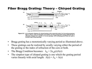 Fiber Bragg Grating: Theory – Chirped Grating
• Bragg grating has a monotonically varying period as illustrated above.
• These gratings can be realized by axially varying either the period of
the grating or the index of refraction of the core or both.
• The Bragg Condition becomes: λB = 2neff(z)Λ(z)
• The simplest type of chirped grating is one which the grating period
varies linearly with axial length: Λ(z) = Λ0 + Λ(z)
 