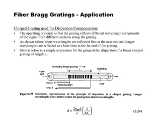 Fiber Bragg Gratings - Application
Chirped Grating used for Dispersion Compensation:
• The operating principle is that the grating reflects different wavelength components
of the signal from different sections along the grating.
• As shown below, short wavelengths are reflected first at the near end and longer
wavelengths are reflected at a later time at the far end of the grating.
• Shown below is a simple expression for the group delay dispersion of a linear chirped
grating of length L.
 
