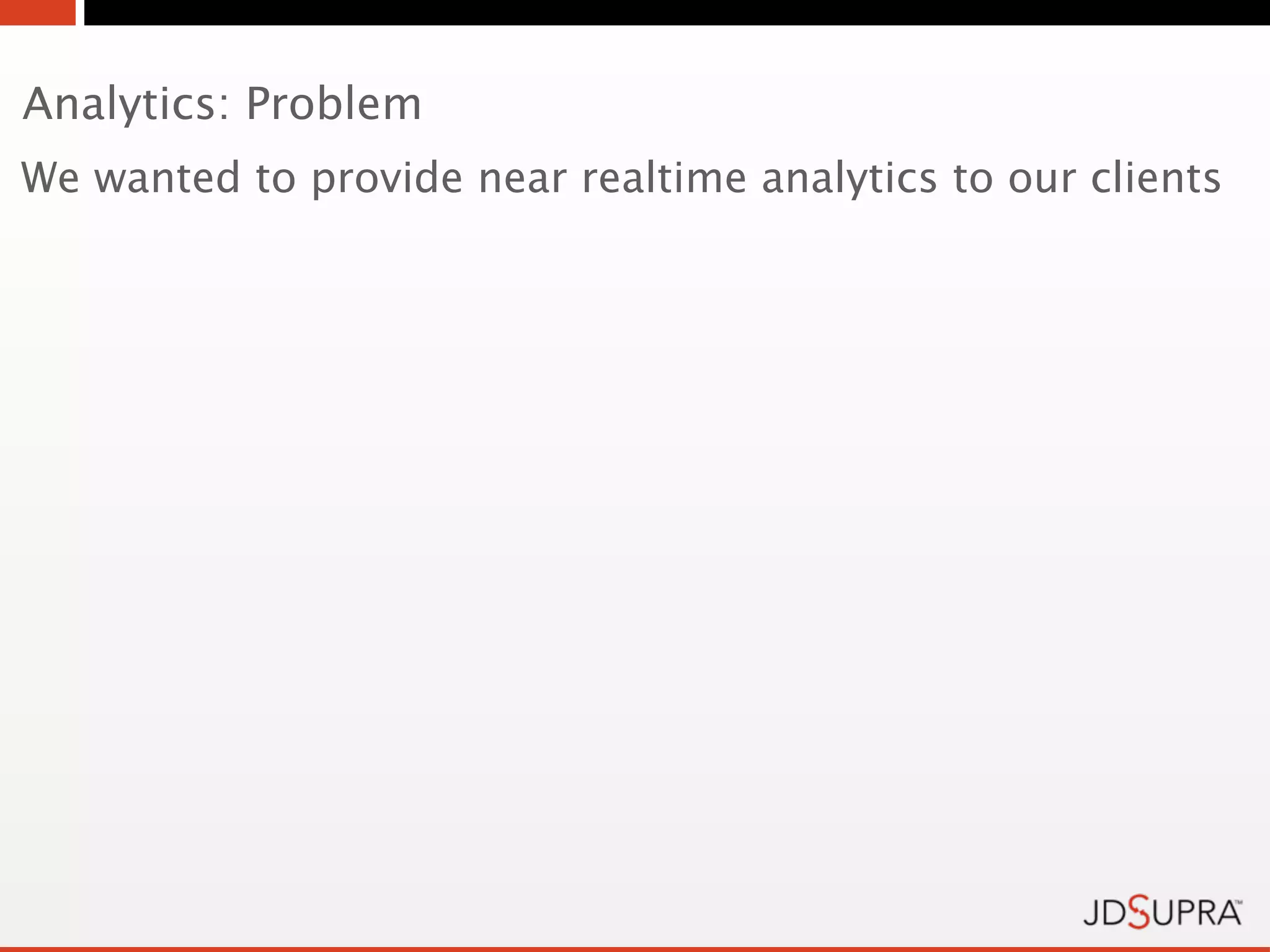 Analytics: Problem
We wanted to provide near realtime analytics to our clients
 