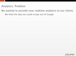 Analytics: Problem
We wanted to provide near realtime analytics to our clients
   We liked the data we could scrape out of Google
 