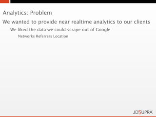 Analytics: Problem
We wanted to provide near realtime analytics to our clients
   We liked the data we could scrape out of Google
      Networks Referrers Location
 