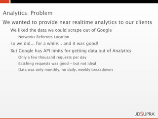 Analytics: Problem
We wanted to provide near realtime analytics to our clients
   We liked the data we could scrape out of Google
      Networks Referrers Location
   so we did... for a while... and it was good!
   But Google has API limits for getting data out of Analytics
      Only a few thousand requests per day
      Batching requests was good - but not ideal
      Data was only monthly, no daily, weekly breakdowns
 