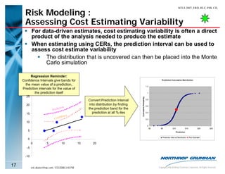 SCEA 2007, ERD, RLC, PJB, CJL

       Risk Modeling :
       Assessing Cost Estimating Variability
             For data-driven estimates, cost estimating variability is often a direct
             product of the analysis needed to produce the estimate
             When estimating using CERs, the prediction interval can be used to
             assess cost estimate variability
                  The distribution that is uncovered can then be placed into the Monte
                  Carlo simulation

          Regression Reminder:
     Confidence Intervals give bands for                                                                                          Prediction Cum ulative Distribution

       the mean value of a prediction,                                                                              1.2
     Prediction intervals for the value of
             the prediction itself                                                                                   1

       25




                                                                                           Cumulative Probability
                                                           Convert Prediction Interval                              0.8


       20                                                   into distribution by finding                            0.6
                                     ction                 the prediction band for the
                                Predi
       15                                                     prediction at all %-iles                              0.4
                                           e
                                      idenc
                                 Conf                                                                               0.2
       10
                                                                                                                     0
                                                                                                                          $0     $5             $10              $15              $20   $25
        5                                                                                                                                           Prediction

                                                                                                                                   Prediction Interval Distribution    Point Estimate
        0
             0            5             10            15      20
        -5

       -10


17           eric.druker@ngc.com, 1/31/2008 3:40 PM                                                                            Copyright 2006 Northrop Grumman Corporation, All Rights Reserved
 