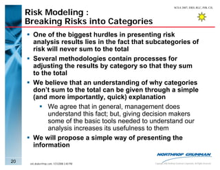 SCEA 2007, ERD, RLC, PJB, CJL

     Risk Modeling :
     Breaking Risks into Categories
        One of the biggest hurdles in presenting risk
        analysis results lies in the fact that subcategories of
        risk will never sum to the total
        Several methodologies contain processes for
        adjusting the results by category so that they sum
        to the total
        We believe that an understanding of why categories
        don’t sum to the total can be given through a simple
        (and more importantly, quick) explanation
             We agree that in general, management does
             understand this fact; but, giving decision makers
             some of the basic tools needed to understand our
             analysis increases its usefulness to them
        We will propose a simple way of presenting the
        information

20    eric.druker@ngc.com, 1/31/2008 3:40 PM    Copyright 2006 Northrop Grumman Corporation, All Rights Reserved
 