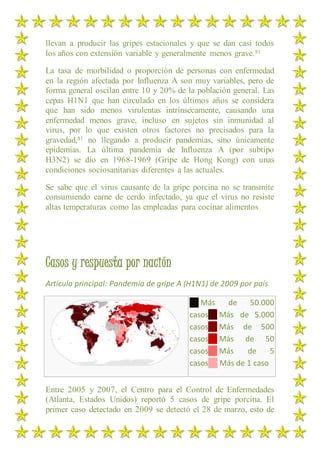 llevan a producir las gripes estacionales y que se dan casi todos
los años con extensión variable y generalmente menos grave.81
La tasa de morbilidad o proporción de personas con enfermedad
en la región afectada por Influenza A son muy variables, pero de
forma general oscilan entre 10 y 20% de la población general. Las
cepas H1N1 que han circulado en los últimos años se considera
que han sido menos virulentas intrínsecamente, causando una
enfermedad menos grave, incluso en sujetos sin inmunidad al
virus, por lo que existen otros factores no precisados para la
gravedad,81 no llegando a producir pandemias, sino únicamente
epidemias. La última pandemia de Influenza A (por subtipo
H3N2) se dio en 1968-1969 (Gripe de Hong Kong) con unas
condiciones sociosanitarias diferentes a las actuales.
Se sabe que el virus causante de la gripe porcina no se transmite
consumiendo carne de cerdo infectado, ya que el virus no resiste
altas temperaturas como las empleadas para cocinar alimentos
Casos y respuesta por nación
Artículo principal: Pandemia de gripe A (H1N1) de 2009 por país
Más de 50.000
casos Más de 5.000
casos Más de 500
casos Más de 50
casos Más de 5
casos Más de 1 caso
Entre 2005 y 2007, el Centro para el Control de Enfermedades
(Atlanta, Estados Unidos) reportó 5 casos de gripe porcina. El
primer caso detectado en 2009 se detectó el 28 de marzo, esto de
 