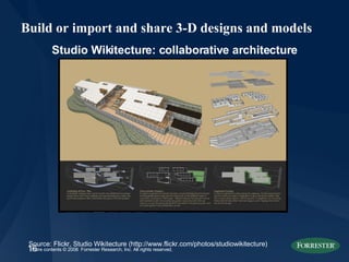 Build or import and share 3-D designs and models Source: Flickr, Studio Wikitecture (http://www.flickr.com/photos/studiowikitecture) Studio Wikitecture: collaborative architecture 
