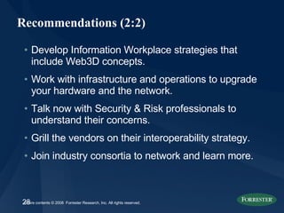 Recommendations (2:2) <ul><li>Develop Information Workplace strategies that include Web3D concepts. </li></ul><ul><li>Work...