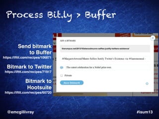Process Bit.ly > Buffer

Send bitmark !
to Buffer!
https://ifttt.com/recipes/106871!
!

Bitmark to Twitter!
https://ifttt....