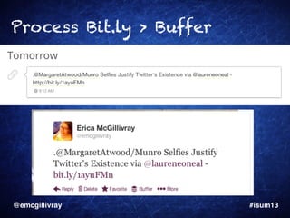 Process Bit.ly > Buffer

@emcgillivray

!

!

!

!

!

!

!

!

!

!

!

!

!#isum13!

 