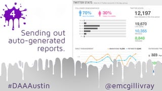 #DAAAustin @emcgillivray
Sending out
auto-generated
reports.
4
 