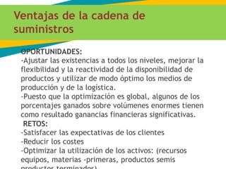 OPORTUNIDADES:
-Ajustar las existencias a todos los niveles, mejorar la
flexibilidad y la reactividad de la disponibilidad de
productos y utilizar de modo óptimo los medios de
producción y de la logística.
-Puesto que la optimización es global, algunos de los
porcentajes ganados sobre volúmenes enormes tienen
como resultado ganancias financieras significativas.
RETOS:
-Satisfacer las expectativas de los clientes
-Reducir los costes
-Optimizar la utilización de los activos: (recursos
equipos, materias -primeras, productos semis
Ventajas de la cadena de
suministros
 