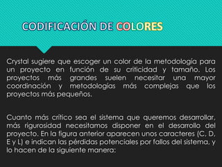 Crystal sugiere que escoger un color de la metodología para 
un proyecto en función de su criticidad y tamaño. Los 
proyectos más grandes suelen necesitar una mayor 
coordinación y metodologías más complejas que los 
proyectos más pequeños. 
Cuanto más crítico sea el sistema que queremos desarrollar, 
más rigurosidad necesitamos disponer en el desarrollo del 
proyecto. En la figura anterior aparecen unos caracteres (C, D, 
E y L) e indican las pérdidas potenciales por fallos del sistema, y 
lo hacen de la siguiente manera: 
 