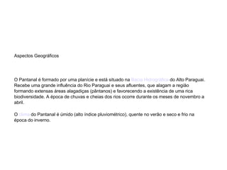 Aspectos Geográficos O Pantanal é formado por uma planície e está situado na  Bacia Hidrográfica  do Alto Paraguai. Recebe uma grande influência do Rio Paraguai e seus afluentes, que alagam a região formando extensas áreas alagadiças (pântanos) e favorecendo a existência de uma rica biodiversidade. A época de chuvas e cheias dos rios ocorre durante os meses de novembro a abril.  O  clima  do Pantanal é úmido (alto índice pluviométrico), quente no verão e seco e frio na época do inverno. 